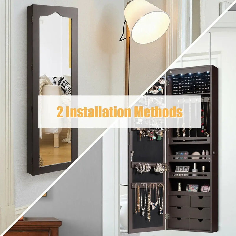 5 LEDs Lockable Mirror Jewelry Cabinet Armoire with 6 Drawers-Brown by DirectDeals