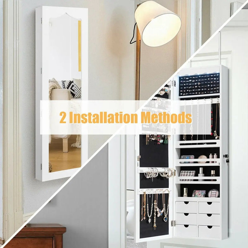 5 LEDs Lockable Mirror Jewelry Cabinet Armoire with 6 Drawers-White by DirectDeals