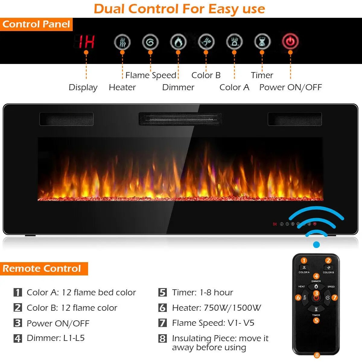 50 Inch Recessed Ultra Thin Electric Fireplace with Timer by DirectDeals