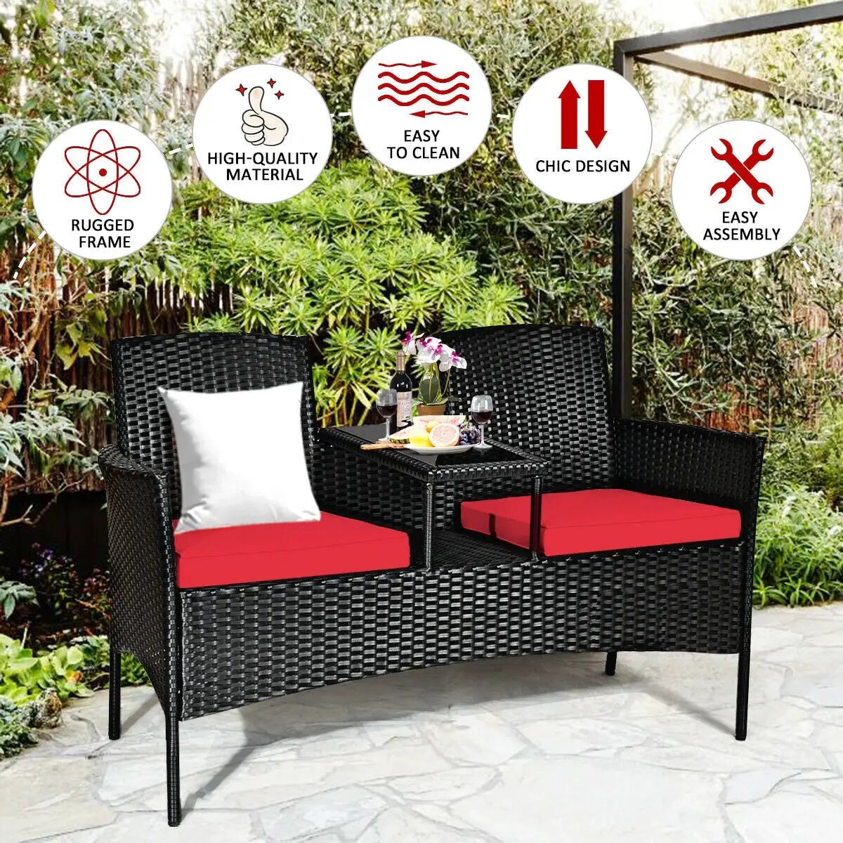 Wicker Patio Conversation Furniture Set with Removable Cushions and Table by DirectDeals