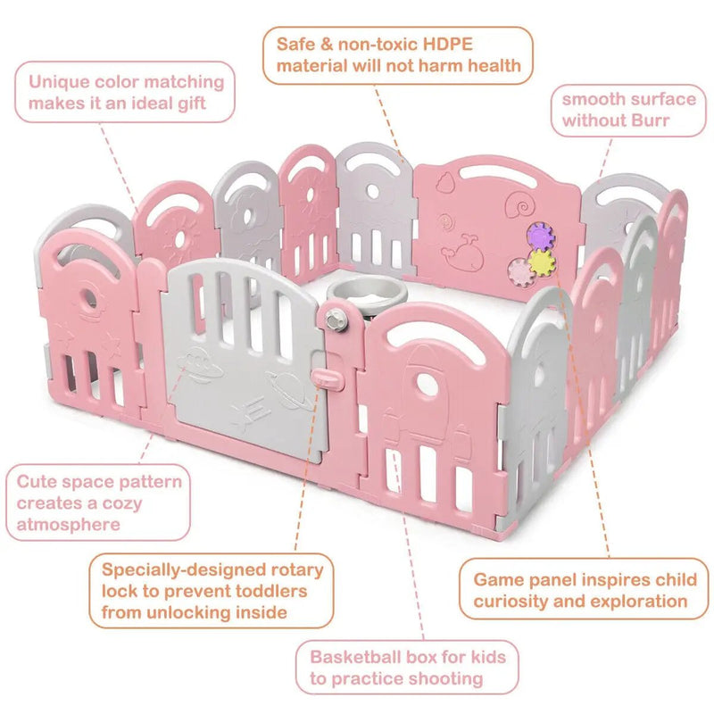 14-Panel Baby Playpen with Music Box & Basketball Hoop-Pink by DirectDeals