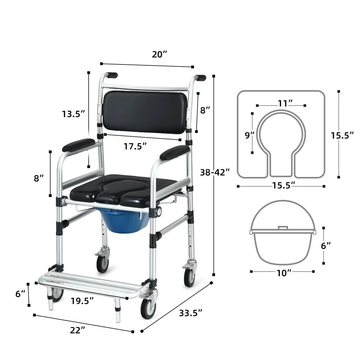2-in-1 Aluminum Commode Shower Wheelchair with Locking Casters by DirectDeals