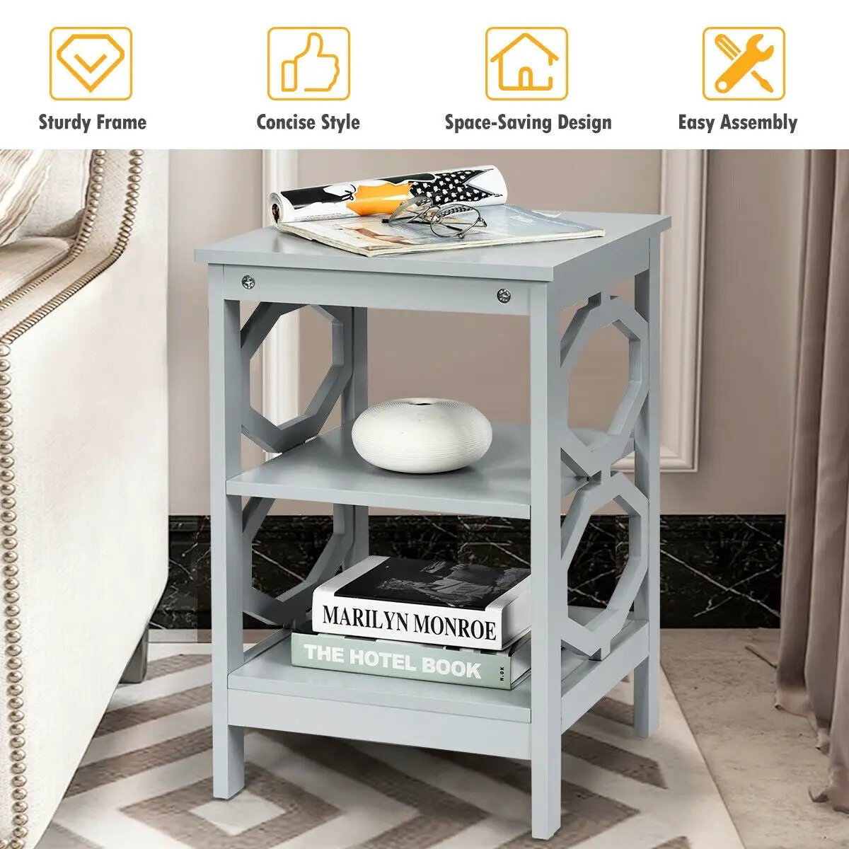 3-tier Nightstand Sofa Side End Accent Table-Black by DirectDeals