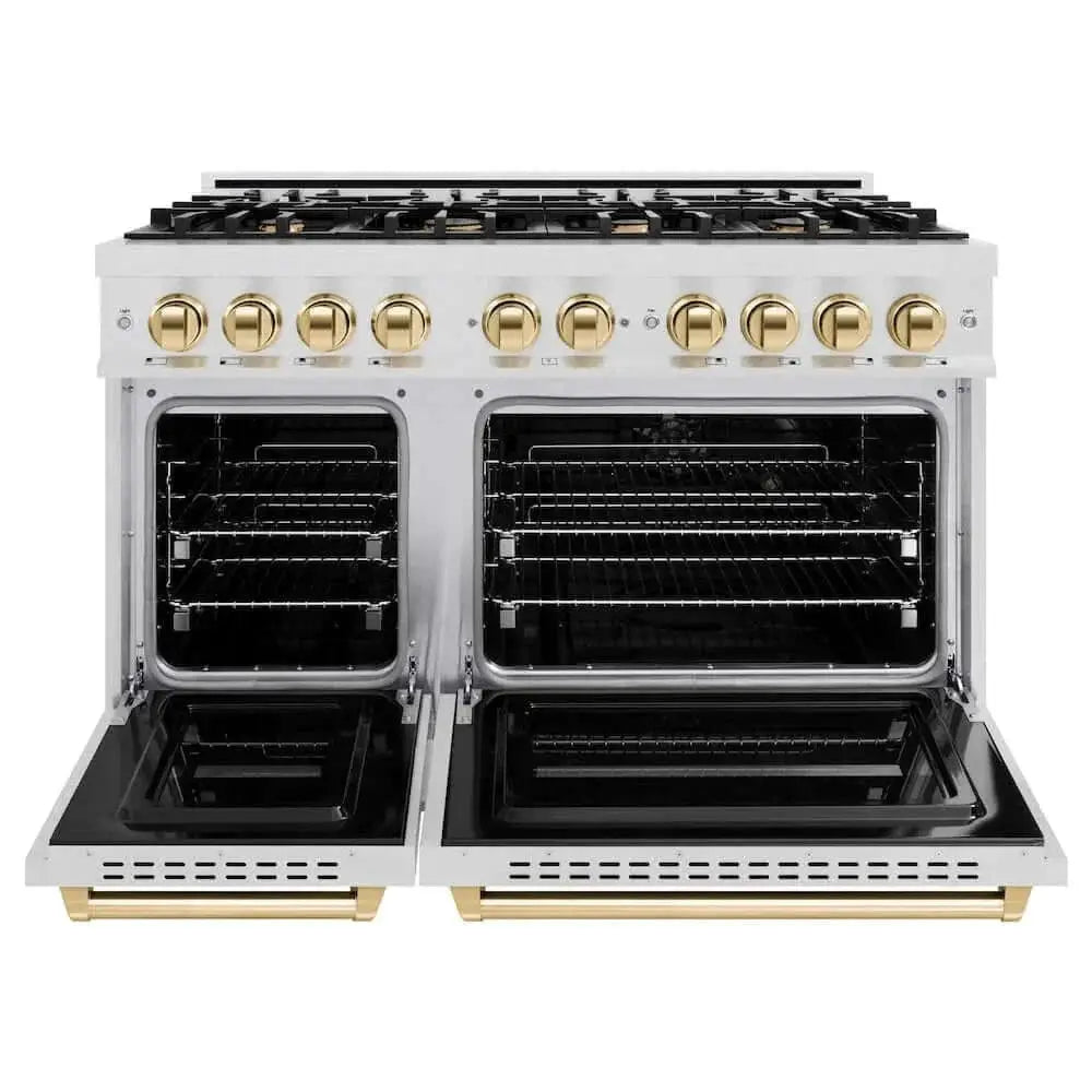 ZLINE 48" Dual Fuel Range, Gas Cooktop, Electric Convection Oven DuraSnow® Stainless Steel, Gold CDRSZ-48-G by Farmhouse Kitchen and Bath