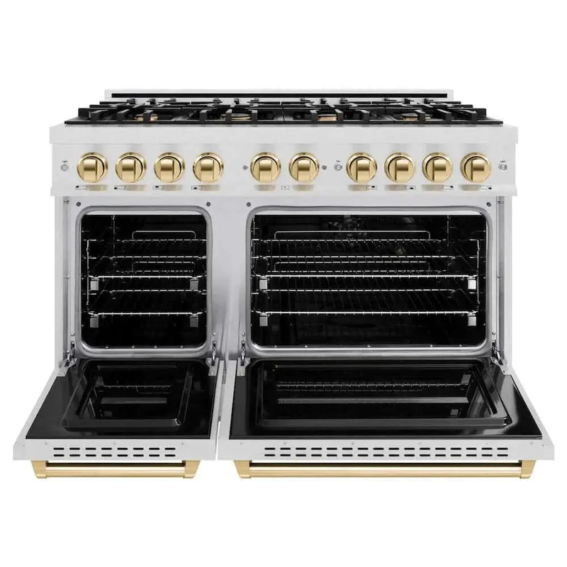 ZLINE 48" Dual Fuel Range, Gas Cooktop, Electric Convection Oven DuraSnow® Stainless Steel, Gold CDRSZ-48-G by Farmhouse Kitchen and Bath