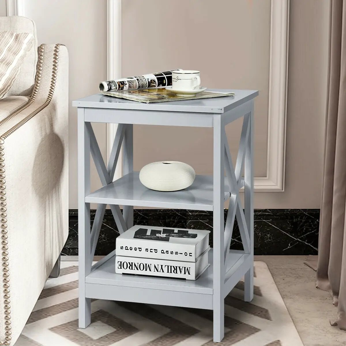 3-Tier Nightstand End Table with X Design Storage by DirectDeals