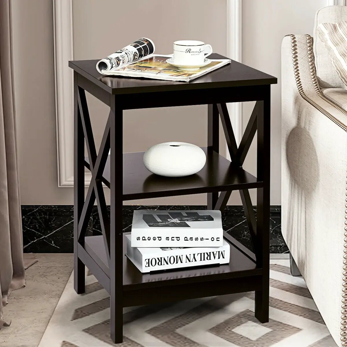 3-Tier Nightstand End Table with X Design Storage by DirectDeals