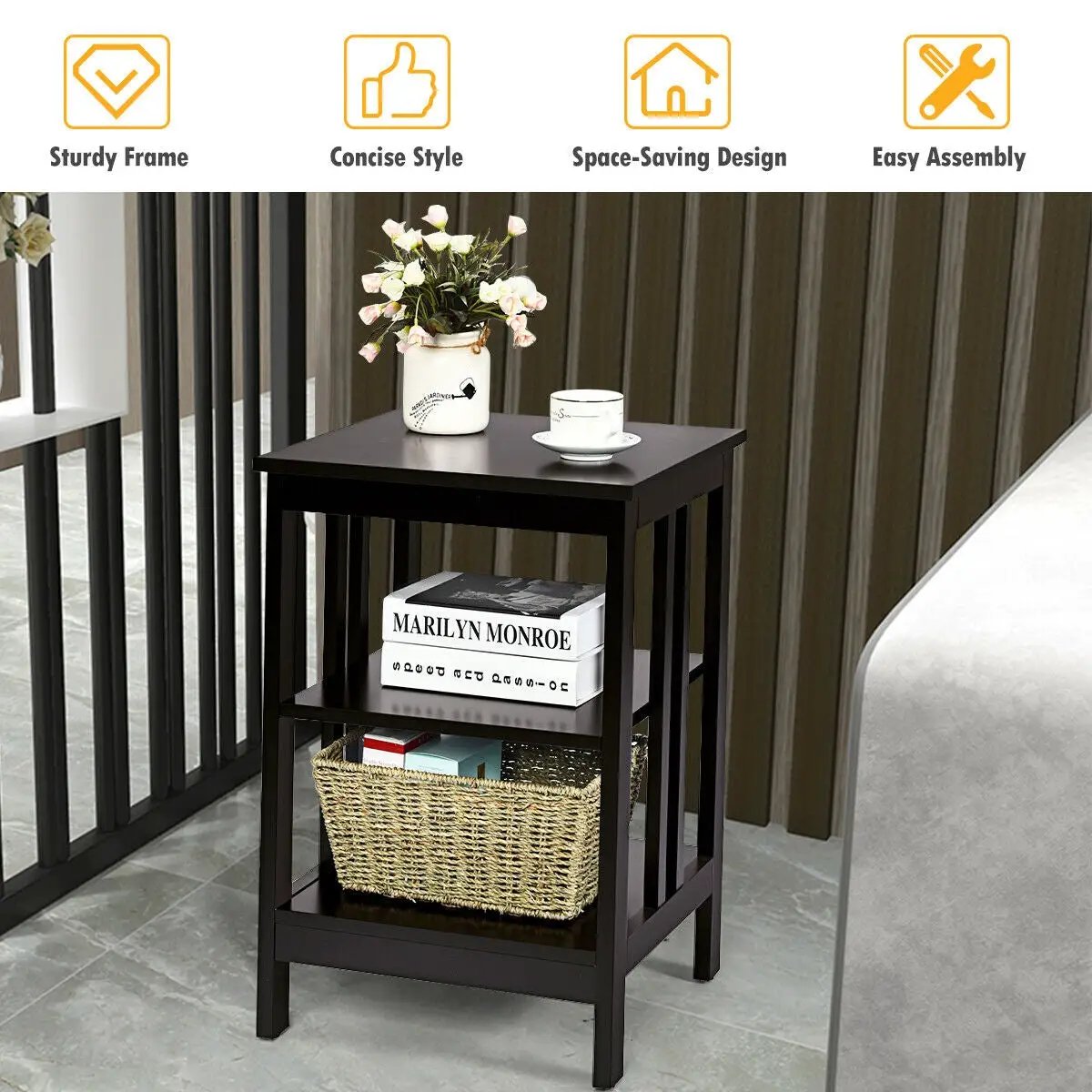 3-Tier Nightstand Sofa Side Table with Baffles and Round Corners by DirectDeals