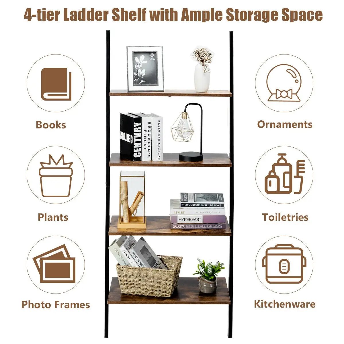 Multipurpose 4-Tier Industrial Leaning Wall Bookcase with Metal Frame by DirectDeals