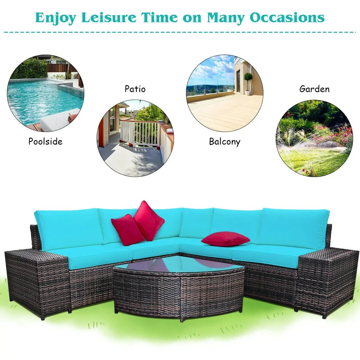 6 Piece Wicker Patio Sectional Sofa Set with Tempered Glass Coffee Table by DirectDeals