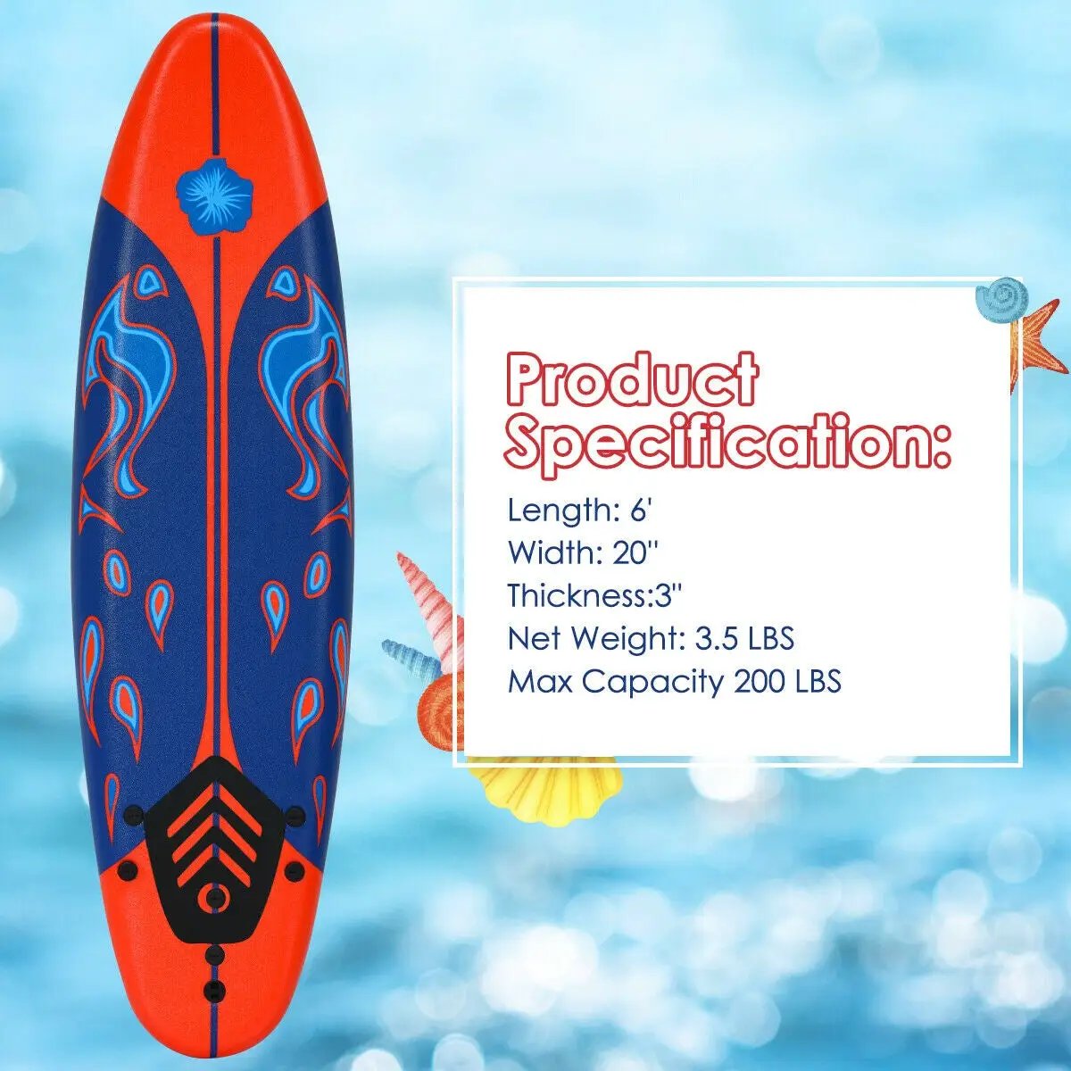 6 Feet Surfboard with 3 Detachable Fins by DirectDeals