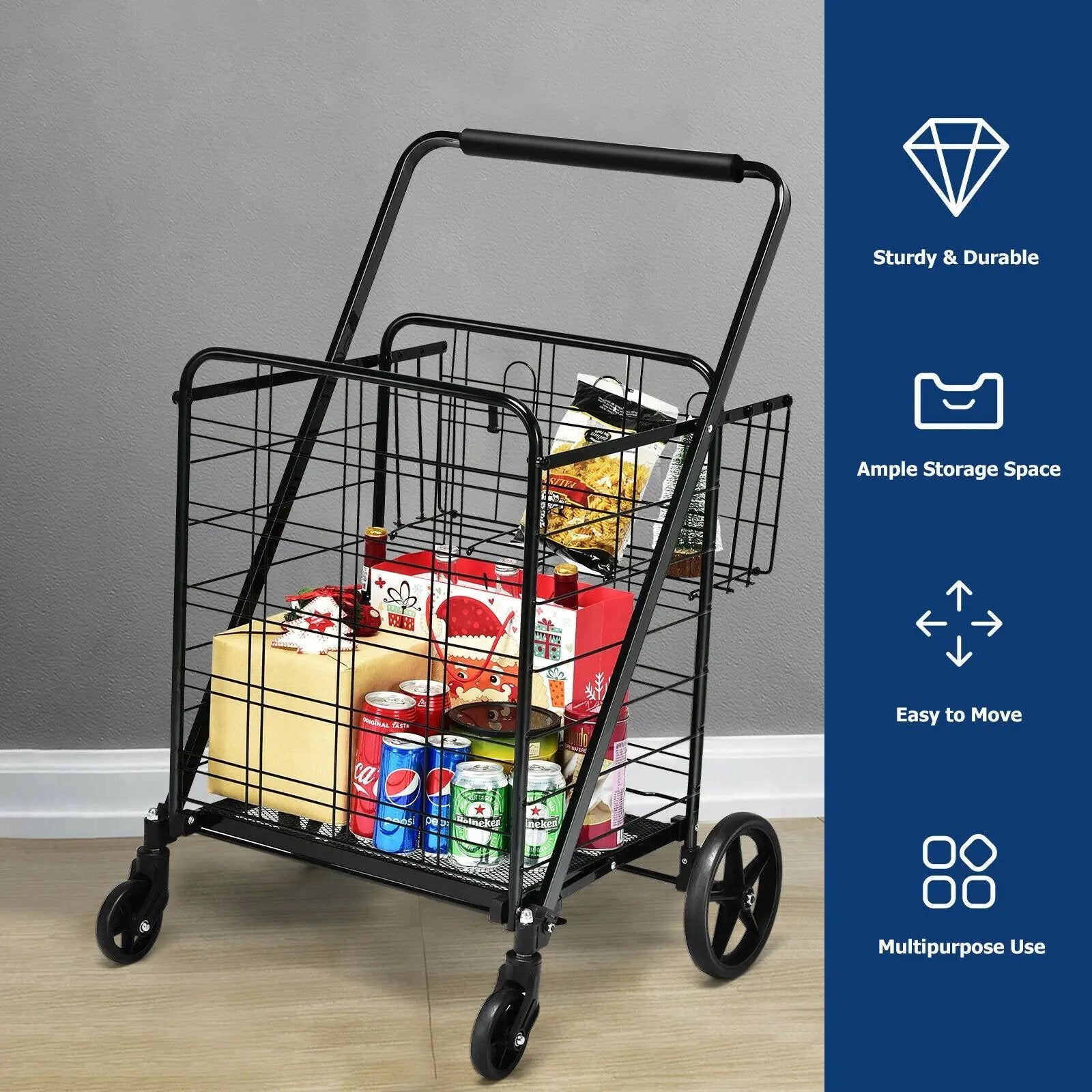 Heavy Duty Folding Utility Shopping Double Cart-Black by DirectDeals