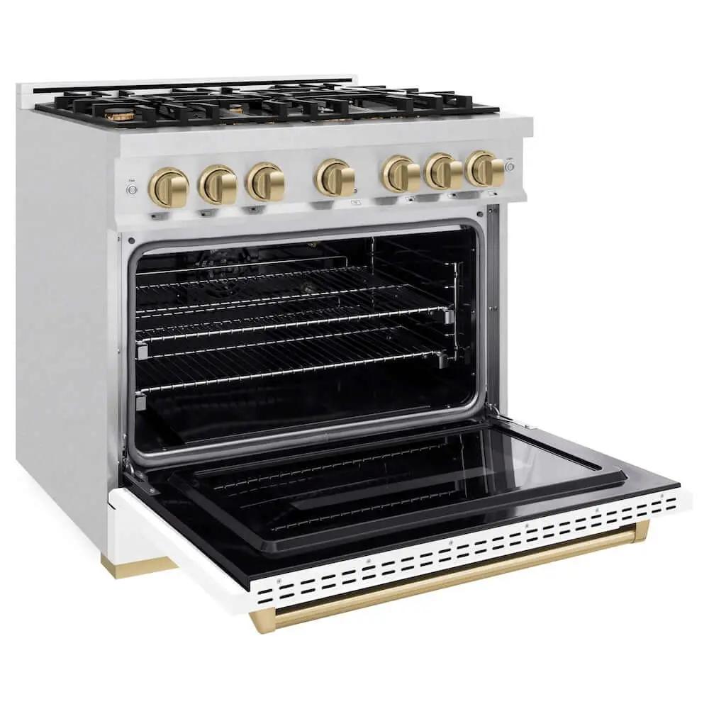 ZLINE 36"Classic Gas Range, Convection Gas Oven, DuraSnow® Stainless Steel, White Matte Door Polished Gold CGRSZ-WM-36-G by Farmhouse Kitchen and Bath
