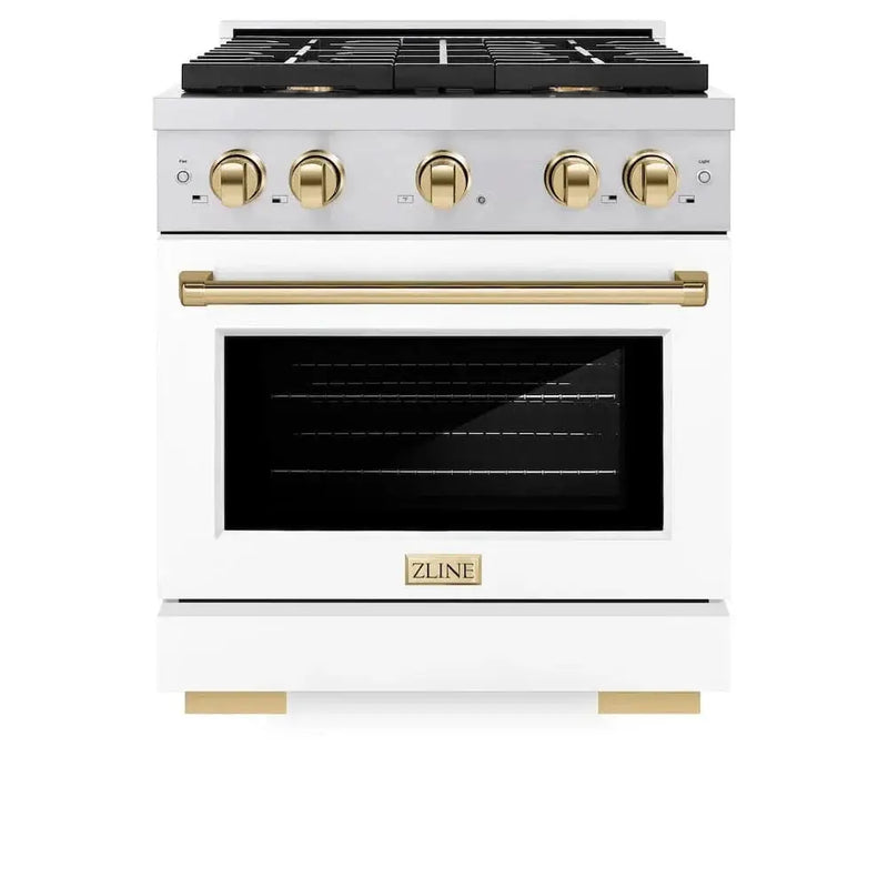 ZLINE 30"Paramount Dual Fuel Range White Matte Gold SDRZ-WM-30-G by Farmhouse Kitchen and Bath