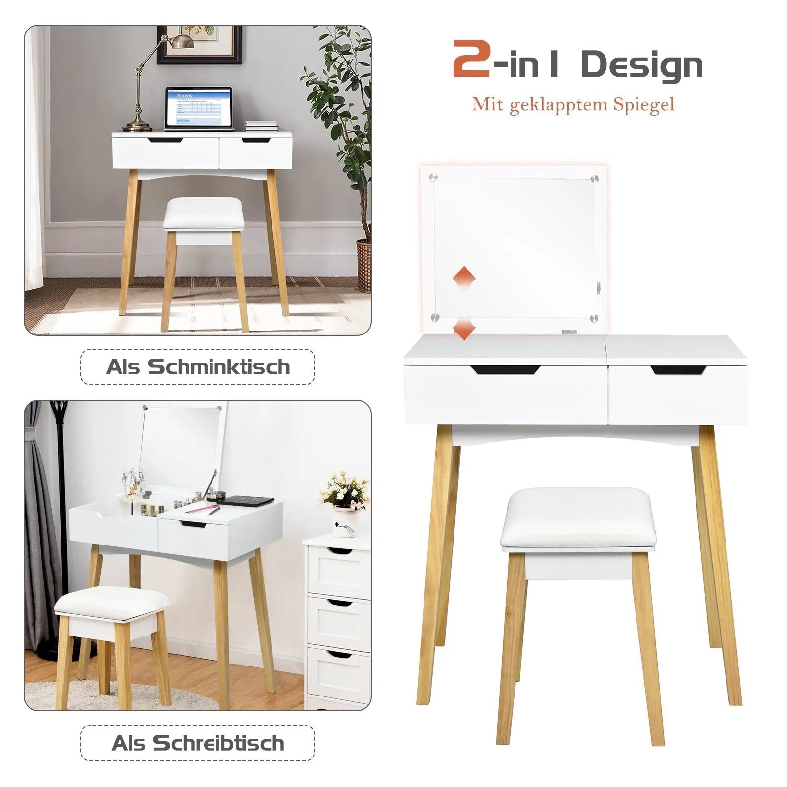 Wooden Vanity Table with Flip Top Mirror and Cushioned Stool by DirectDeals