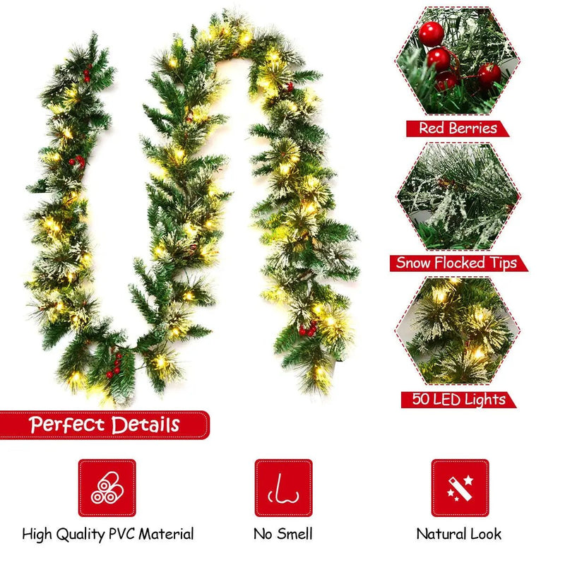 9 Feet Pre-lit Snow Flocked Tips Christmas Garland with Red Berries by DirectDeals