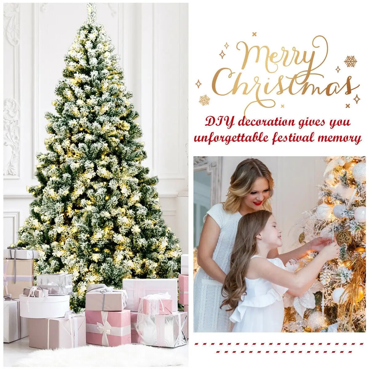 7.5 Feet Pre-Lit Premium Snow Flocked Hinged Artificial Christmas Tree with 550 Lights by DirectDeals