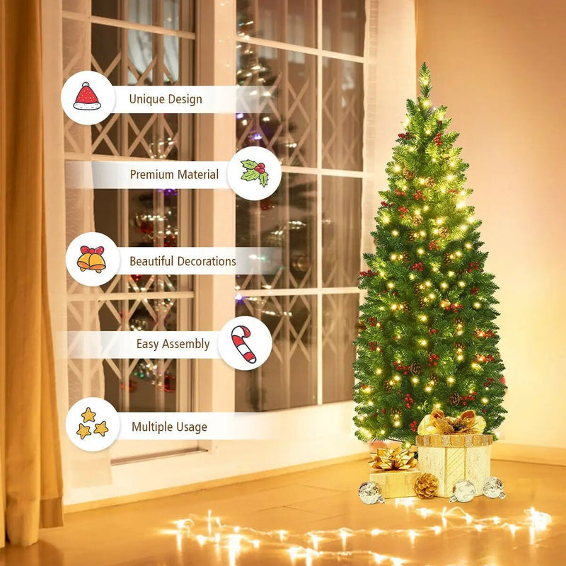 4.5 Feet Pre-lit Hinged Pencil Christmas Tree with Pine Cones Red Berries and 150 Lights by DirectDeals