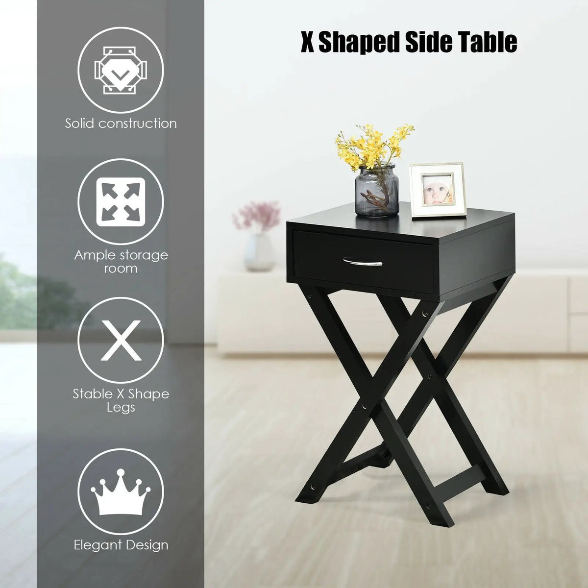 Design Sofa Side Table with X-Shape Drawer for Living Room Bedroom by DirectDeals