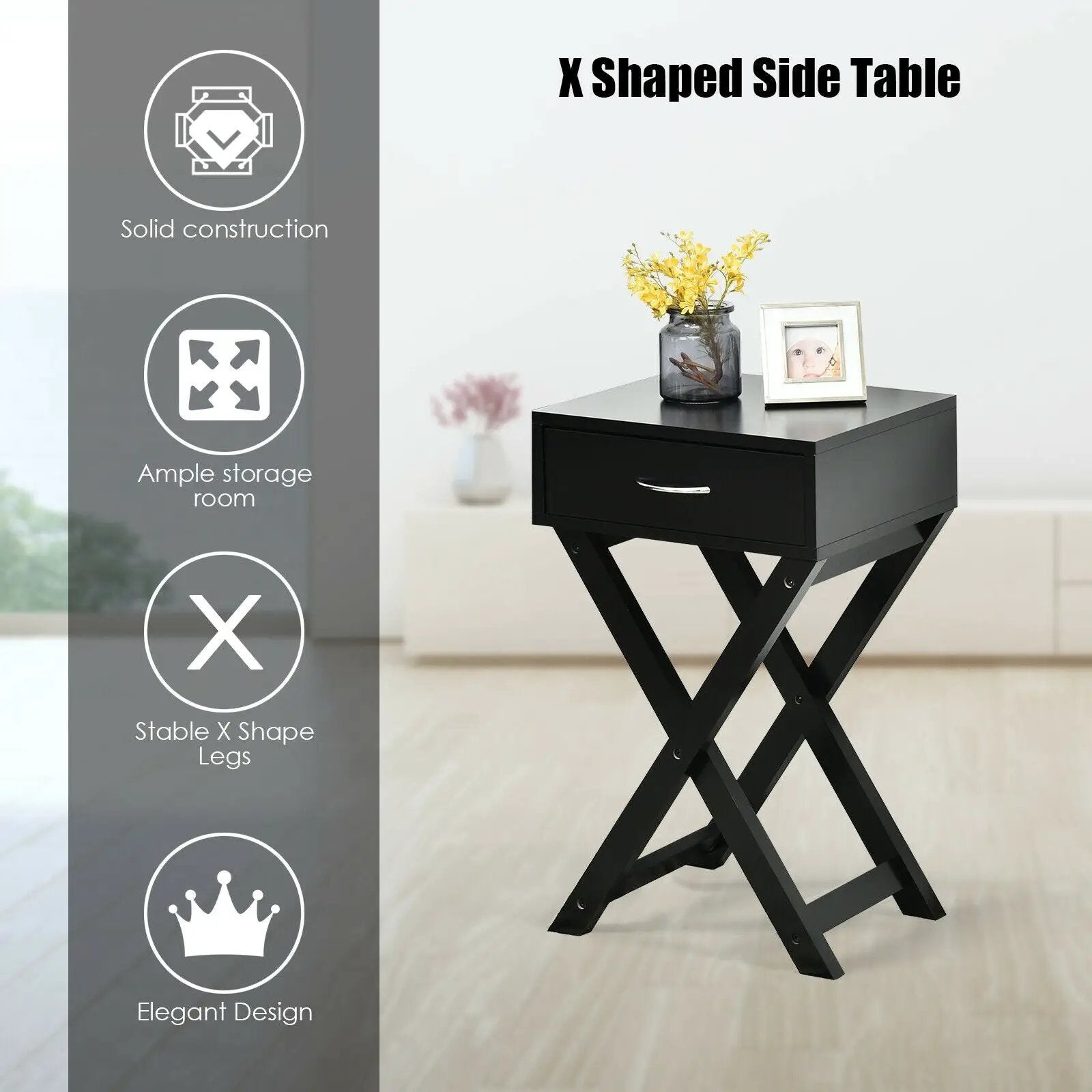 Design Sofa Side Table with X-Shape Drawer for Living Room Bedroom by DirectDeals