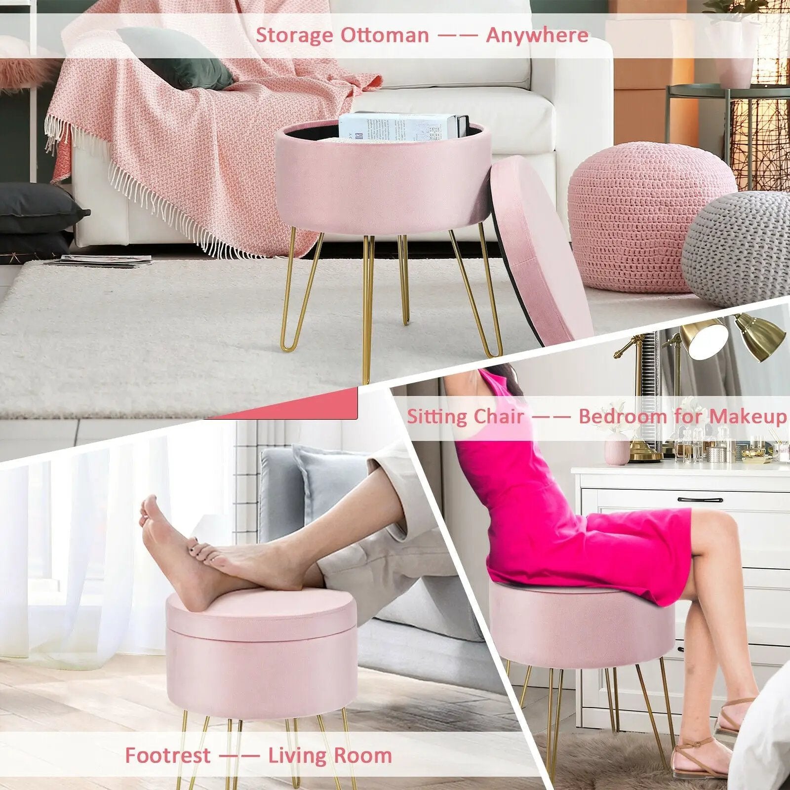 Round Velvet Storage Ottoman Footrest Stool Vanity Chair with Metal Legs by DirectDeals