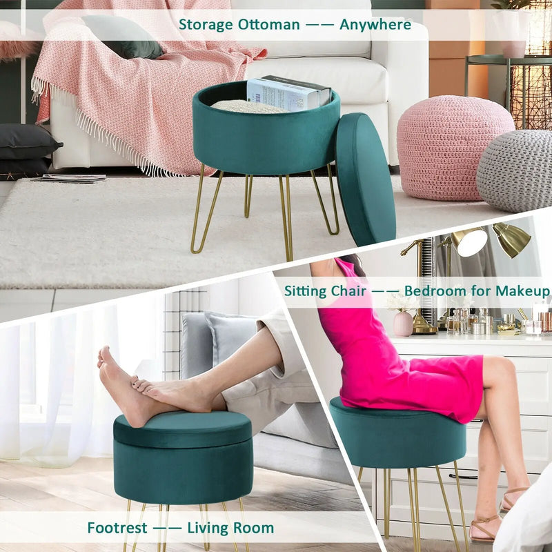 Round Velvet Storage Ottoman Footrest Stool Vanity Chair with Metal Legs by DirectDeals