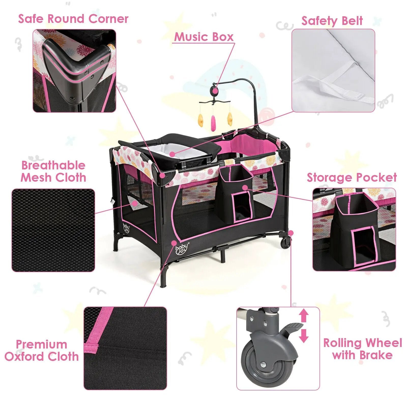 3-in-1 Convertible Portable Baby Playard with Music Box and Wheel and Brakes by DirectDeals