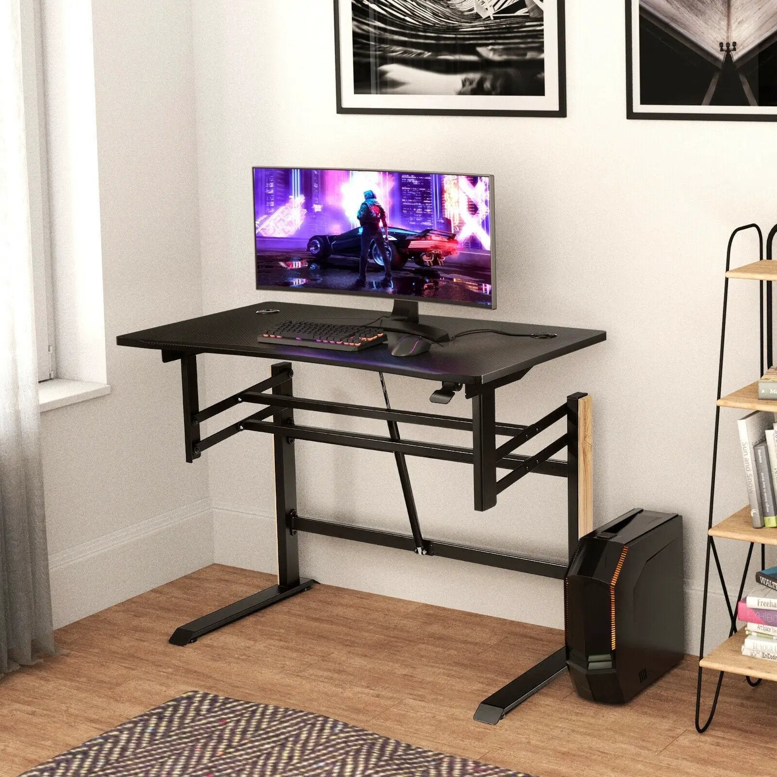Pneumatic Height Adjustable Gaming Desk T Shaped Game Station with Power Strip Tray-Black by DirectDeals