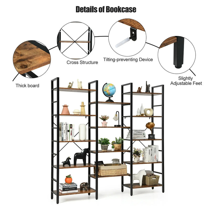 Vintage Triple Wide 5-Tier Bookcase Large Bookshelf Display Storage Shelf by DirectDeals
