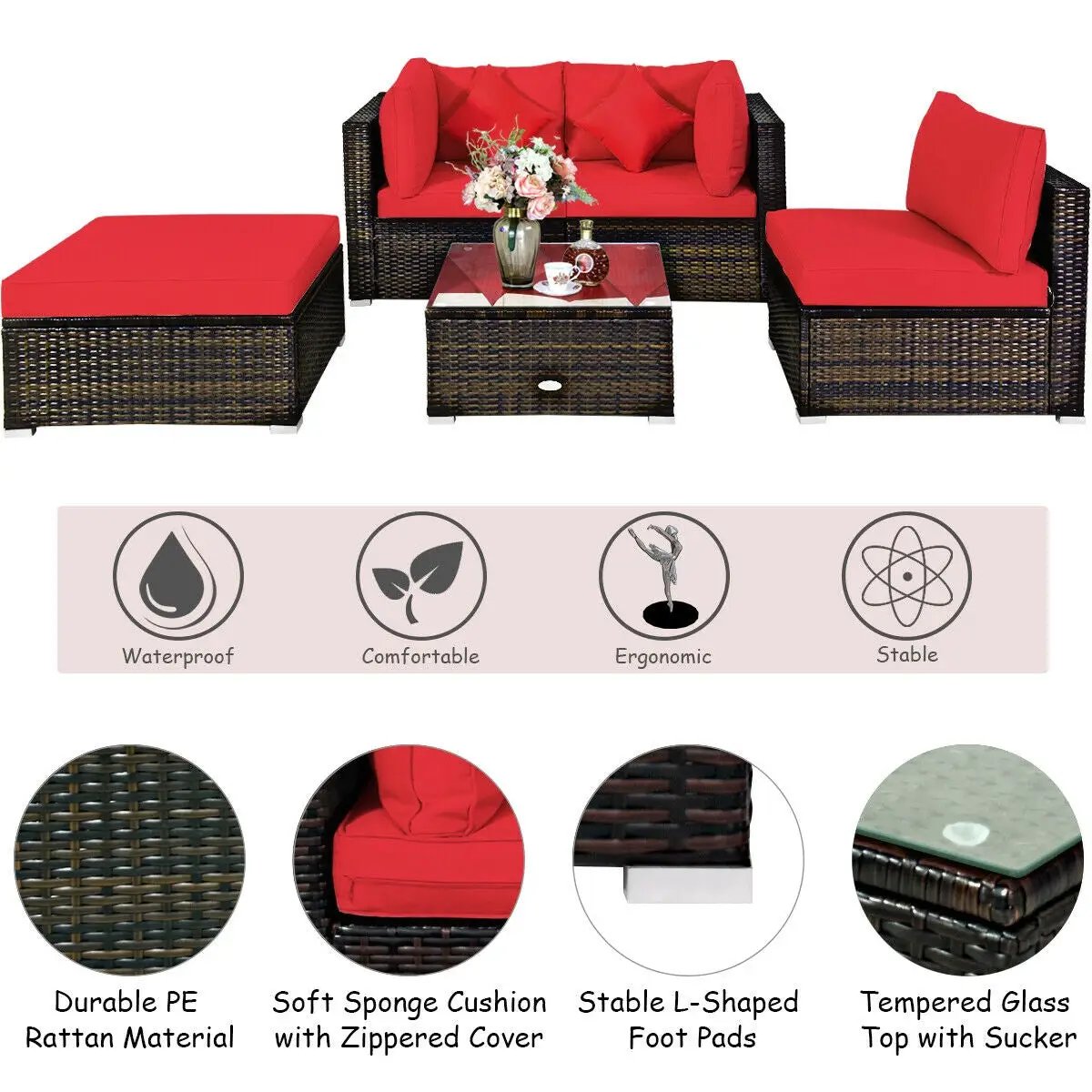 5 Pcs Outdoor Patio Rattan Furniture Set Sectional Conversation with Navy Cushions-Turquoise by DirectDeals