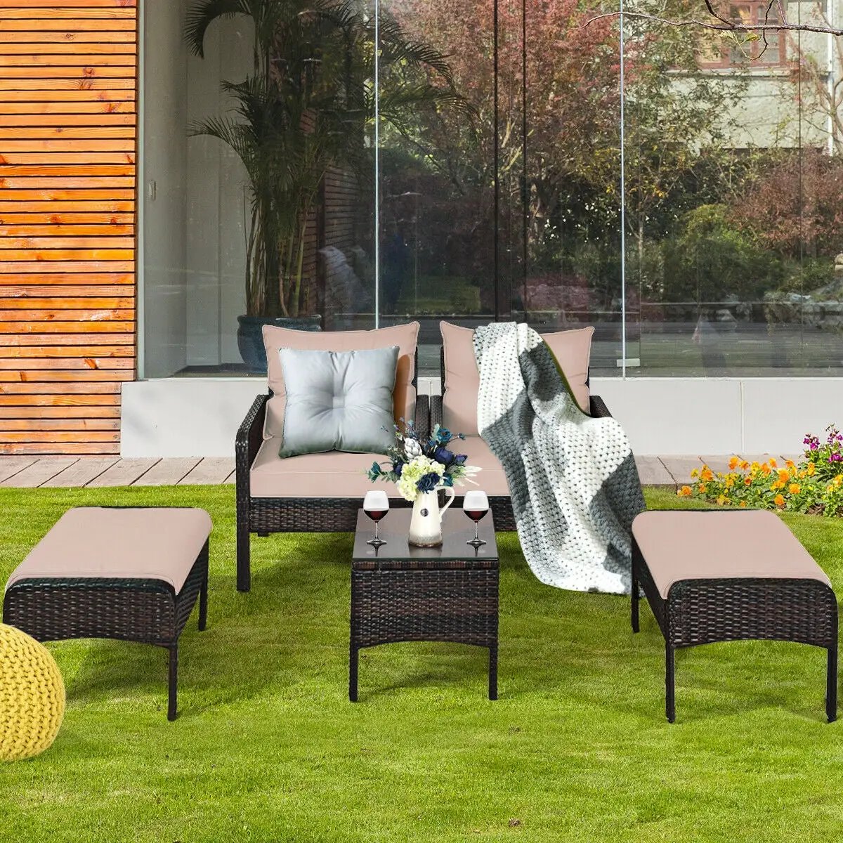 5 Pieces Patio Rattan Sofa Ottoman Furniture Set with Cushions-Black by DirectDeals