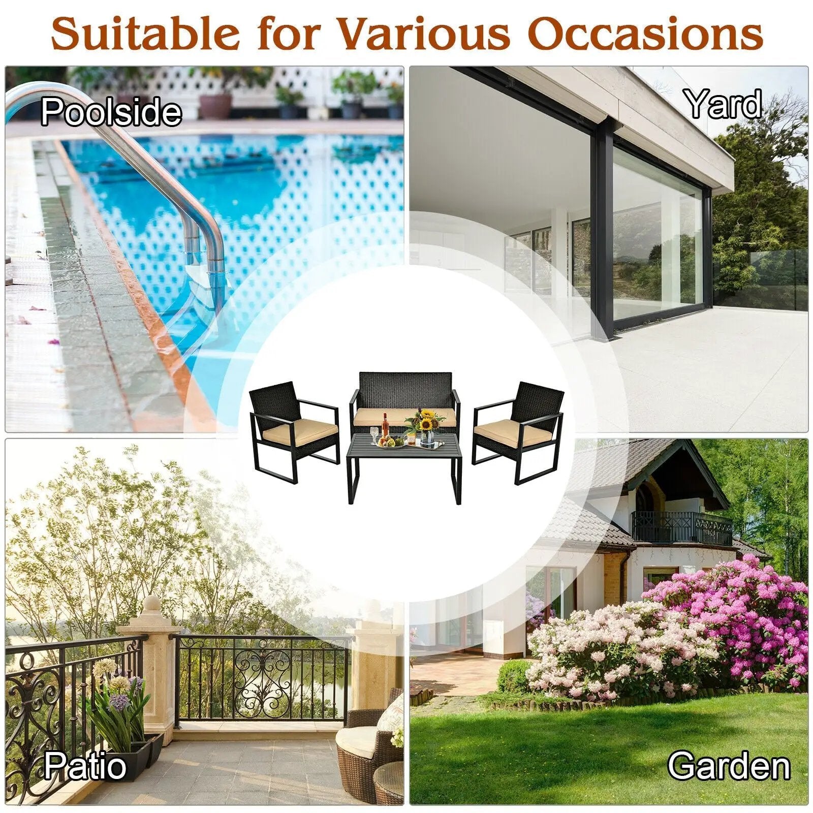 4 Pieces Patio Rattan Furniture Set with Seat Cushions and Coffee Table by DirectDeals
