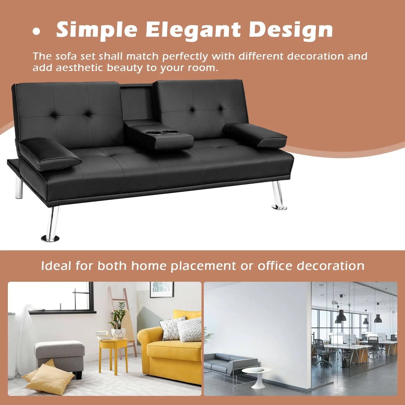 Convertible Folding Leather Futon Sofa with Cup Holders and Armrests by DirectDeals