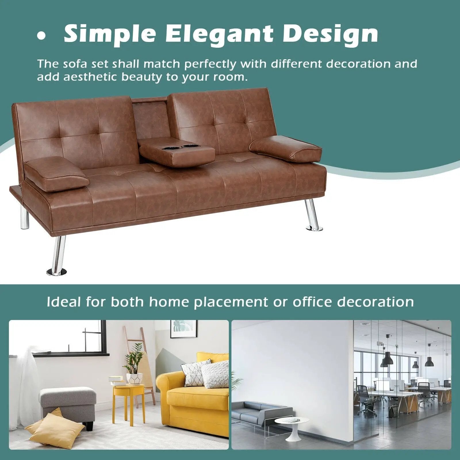 Convertible Folding Leather Futon Sofa with Cup Holders and Armrests by DirectDeals
