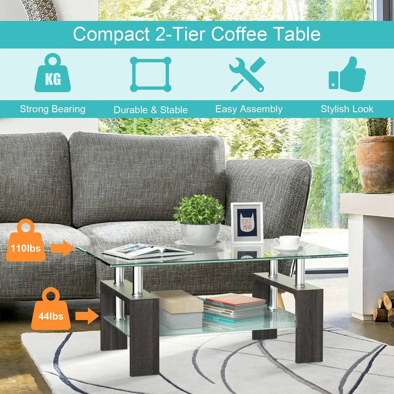 Rectangular Tempered Glass Coffee Table with Shelf by DirectDeals
