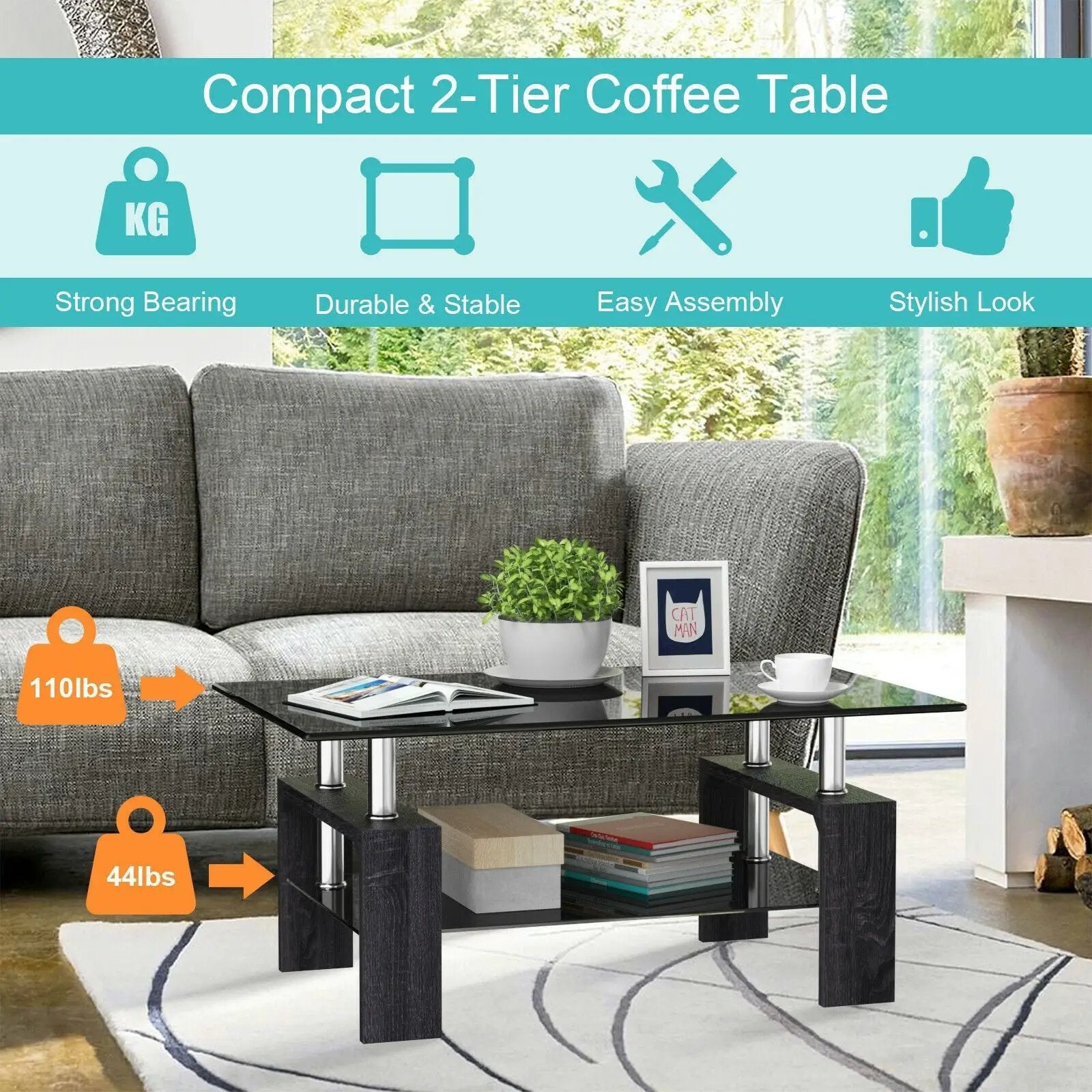 Rectangular Tempered Glass Coffee Table with Shelf by DirectDeals