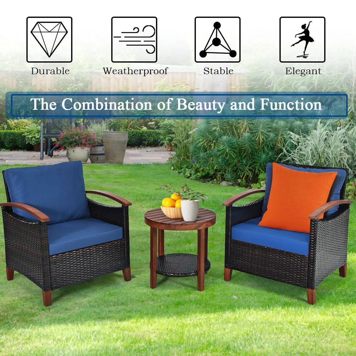 3 Pieces Patio Rattan Furniture Set with Washable Cushion and Acacia Wood Tabletop by DirectDeals