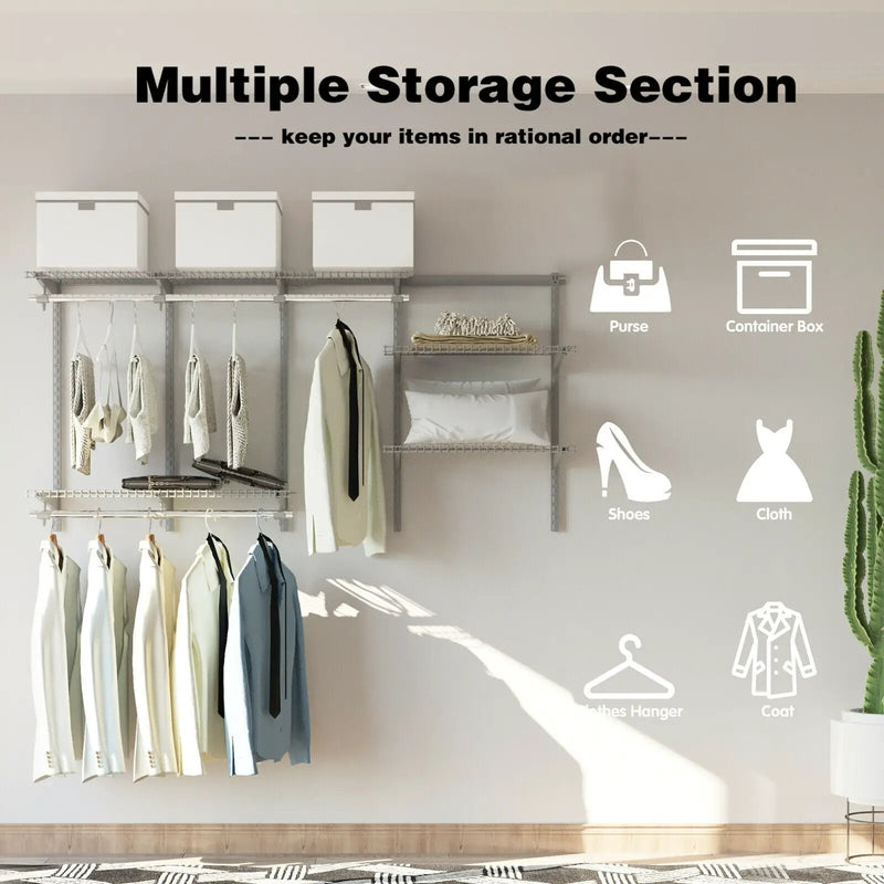 3 to 6 Feet Wall-Mounted Closet System Organizer Kit with Hang Rod-Gray by DirectDeals