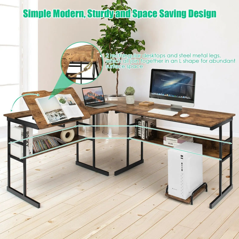 L-Shaped Computer Desk with Tiltable Tabletop by DirectDeals