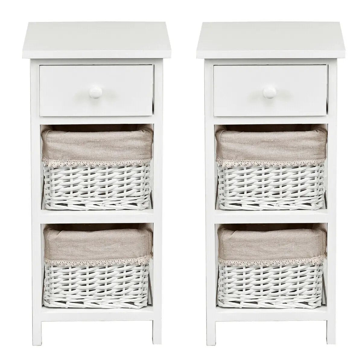 2 Pieces Bedroom Bedside End Table with Drawer Baskets-White by DirectDeals