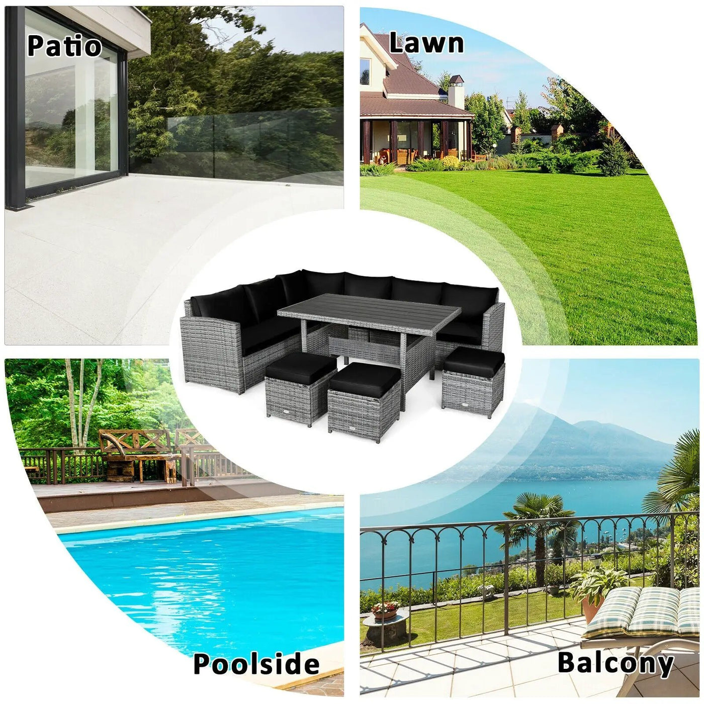 7 Pieces Patio Rattan Dining Furniture Sectional Sofa Set with Wicker Ottoman by DirectDeals