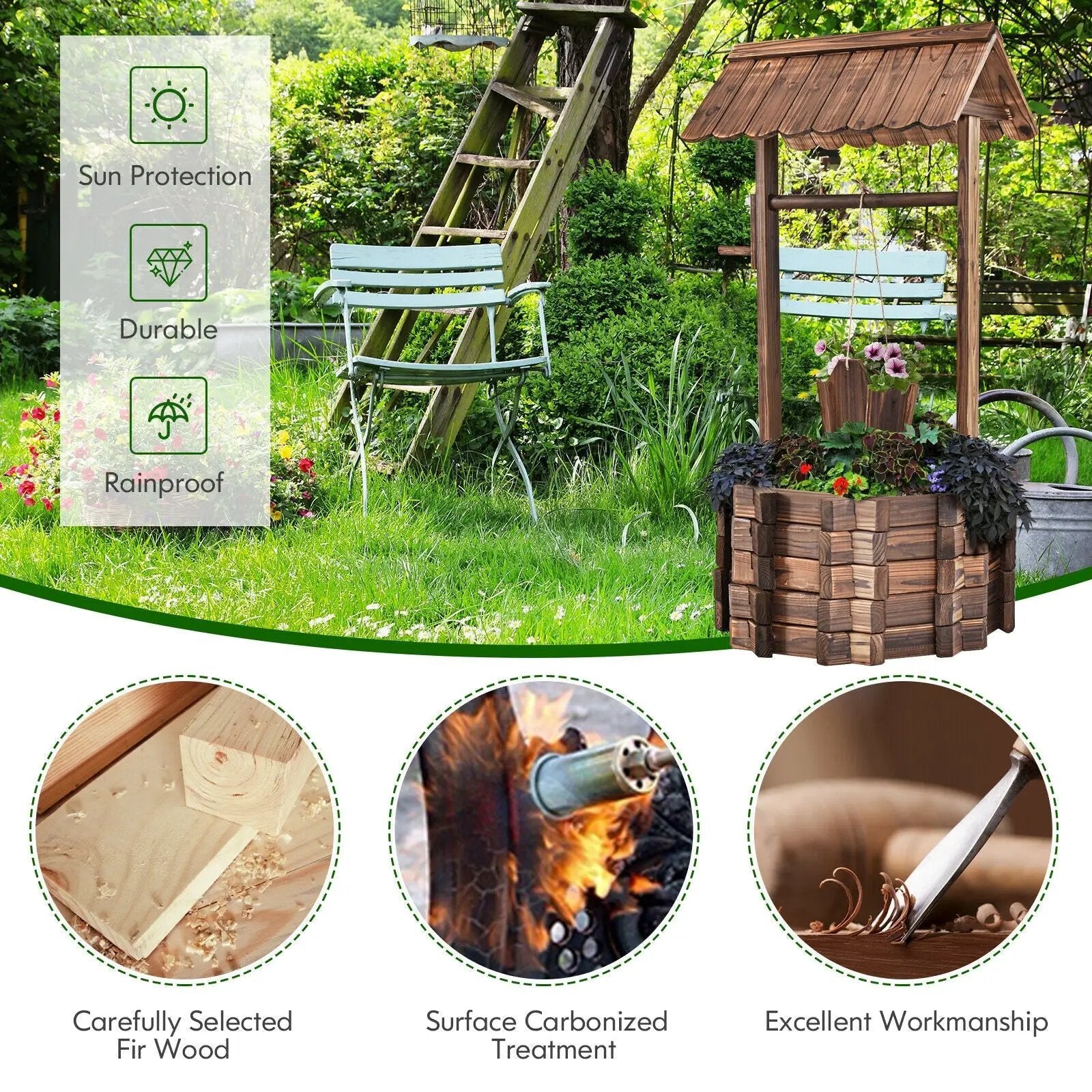 Outdoor Wooden Wishing Well Planter Bucket by DirectDeals