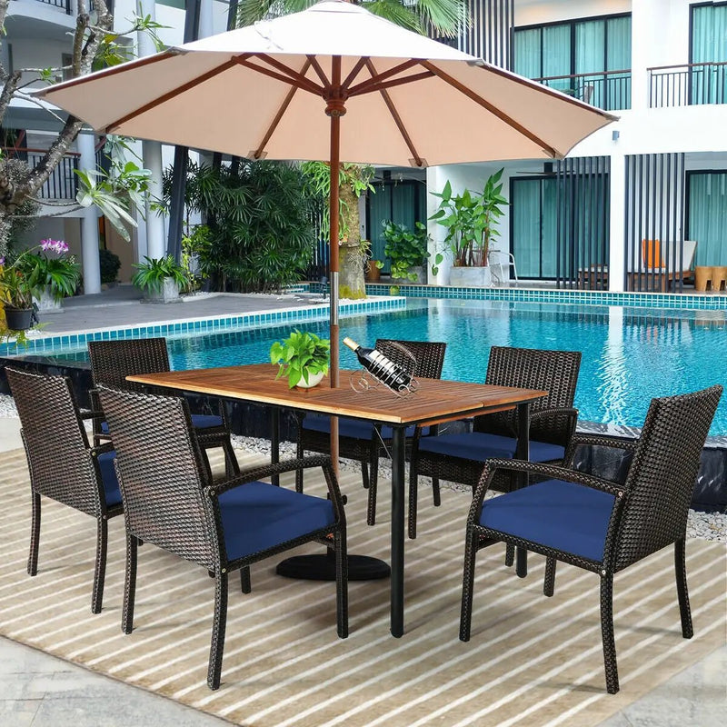 7Pcs Patio Rattan Cushioned Dining Set with Umbrella Hole by DirectDeals