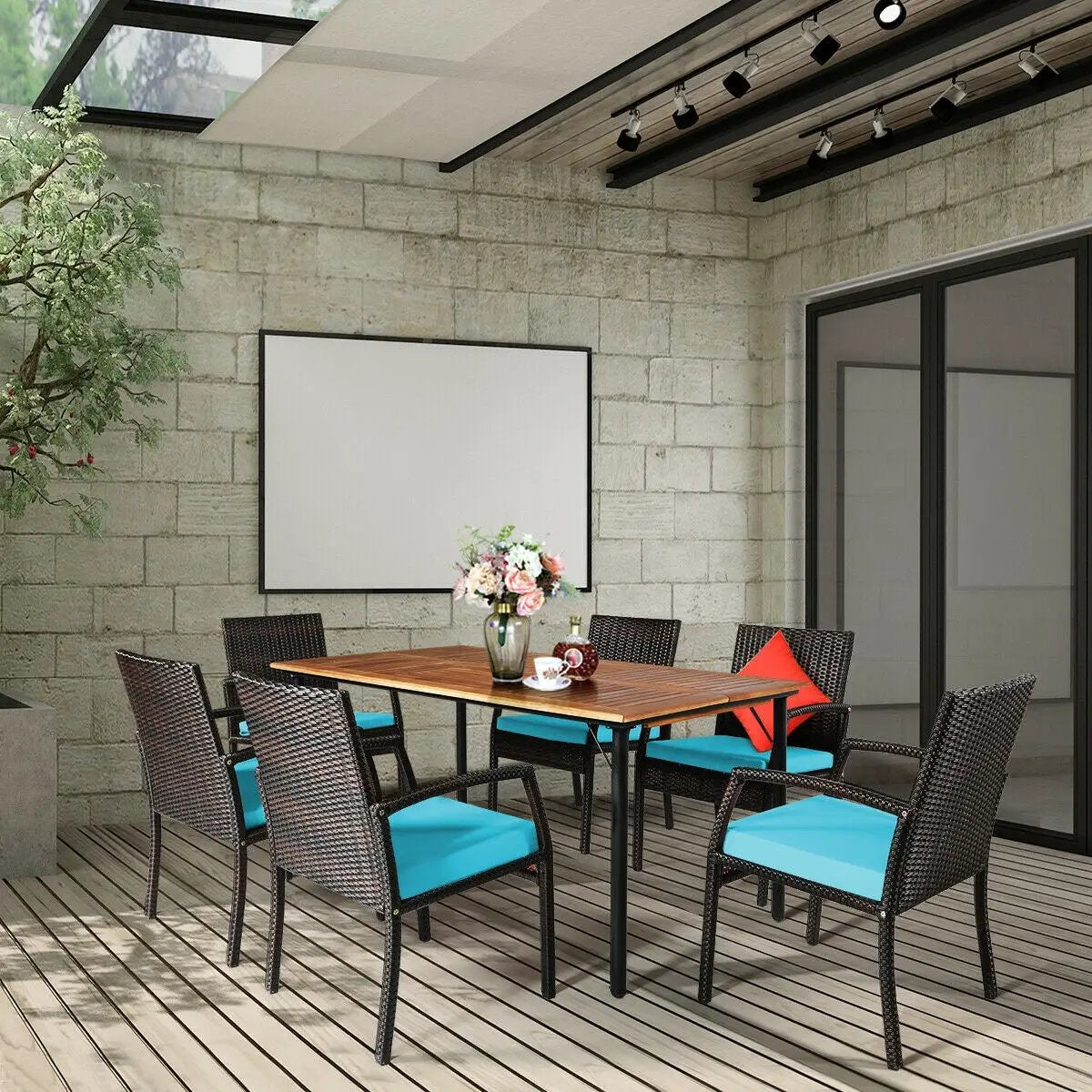 7Pcs Patio Rattan Cushioned Dining Set with Umbrella Hole by DirectDeals