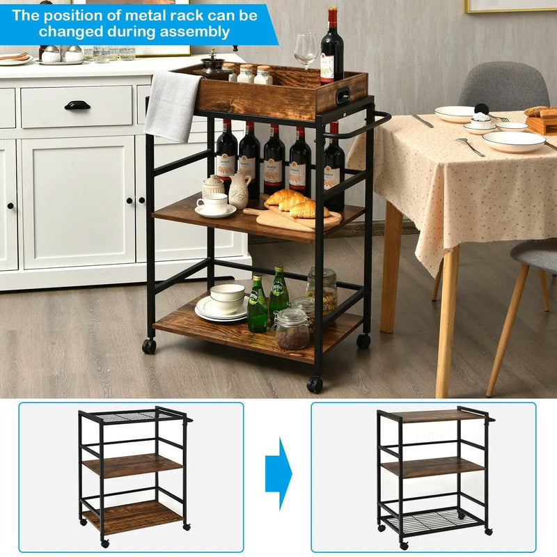 3-Tier Kitchen Serving Bar Cart with Lockable Casters and Handle Rack for Home Pub-Rustic Brown by DirectDeals