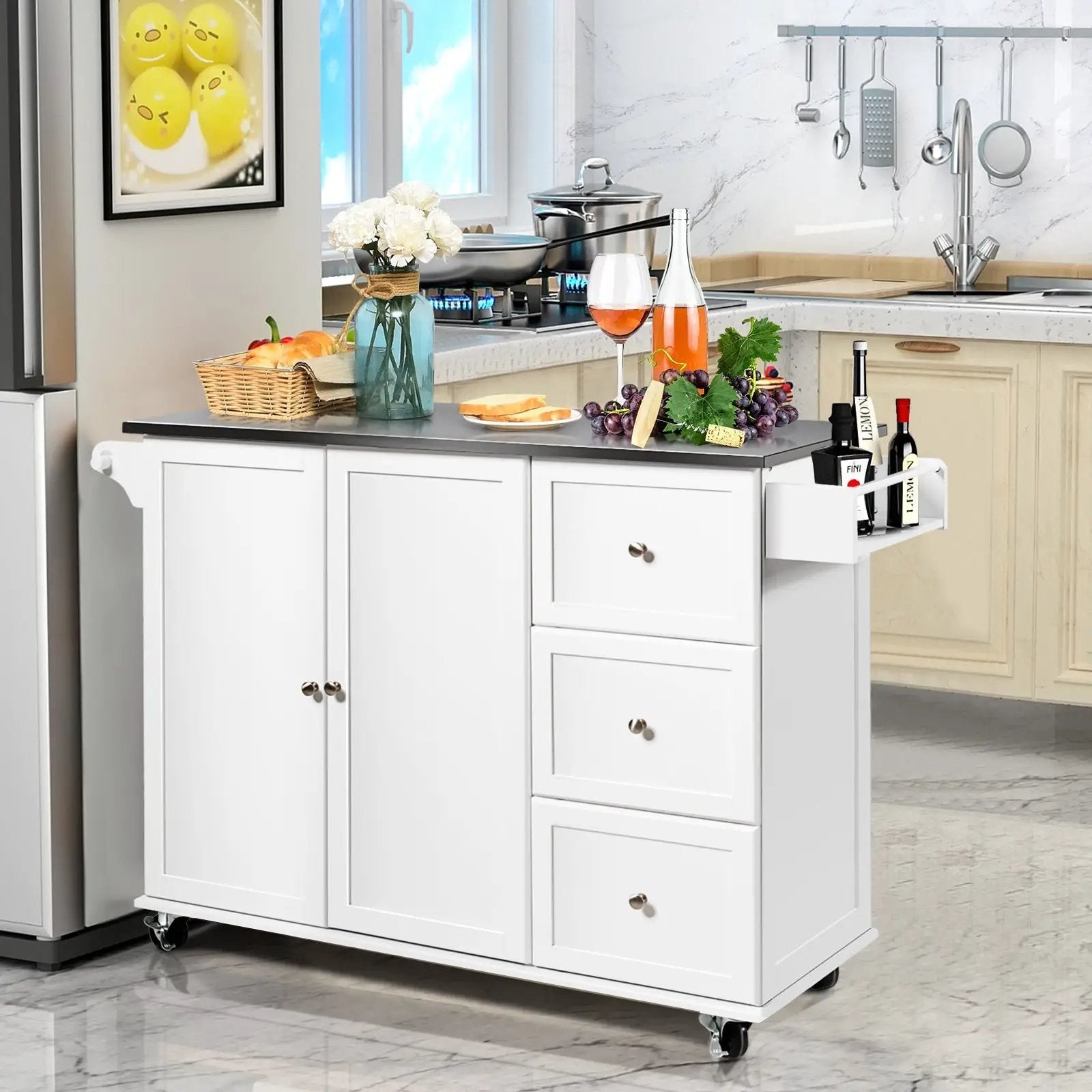 Kitchen Island 2-Door Storage Cabinet with Drawers and Stainless Steel Top by DirectDeals