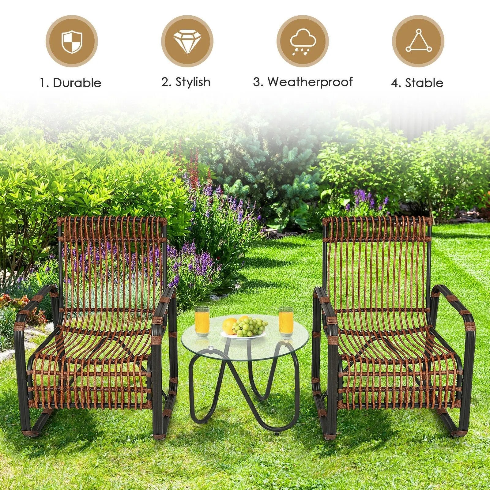 3 Pieces Patio Rattan Furniture Set with 2 Single Wicker Chairs and Glass Side Table by DirectDeals