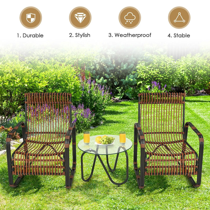 3 Pieces Patio Rattan Furniture Set with 2 Single Wicker Chairs and Glass Side Table by DirectDeals