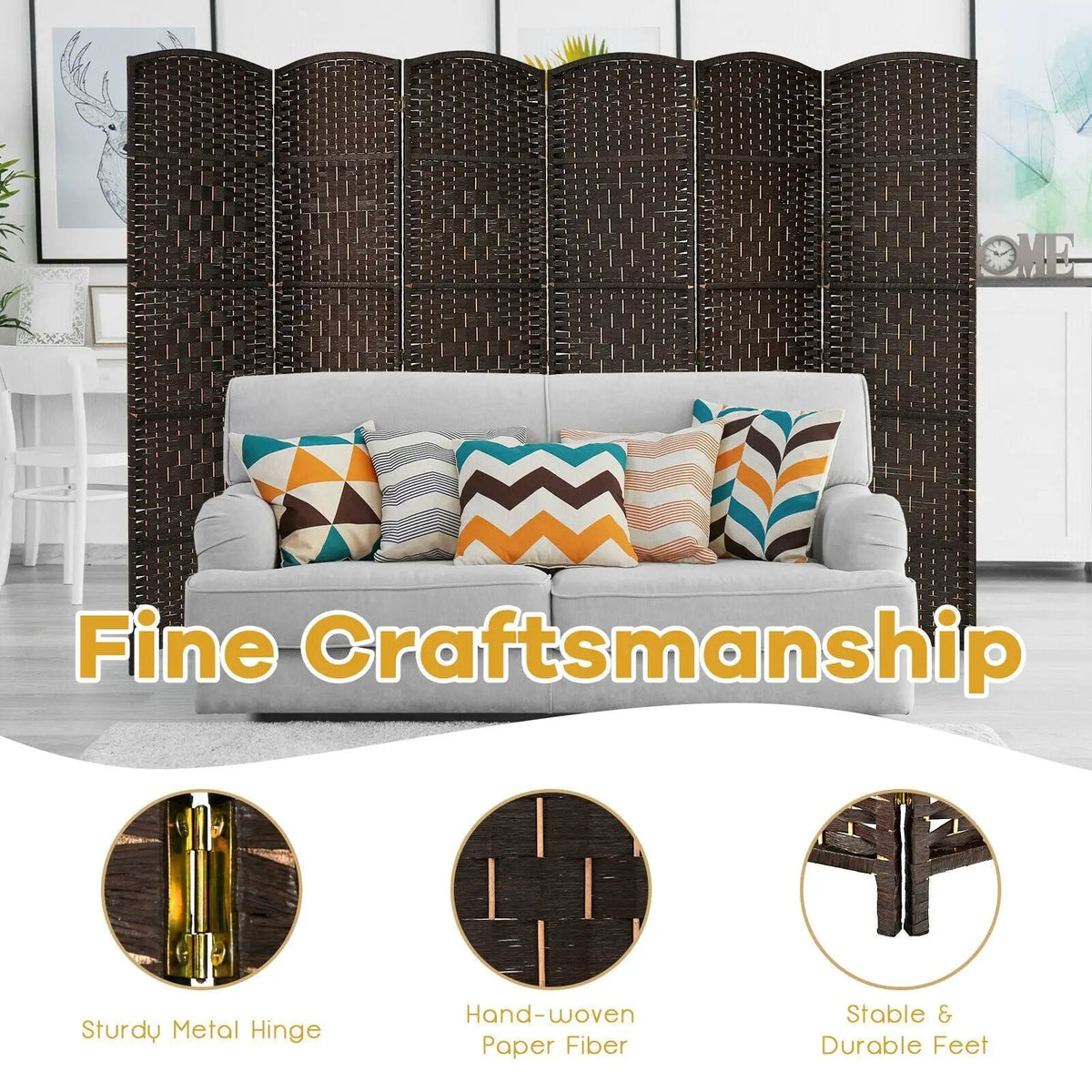 6.5Ft 6-Panel Weave Folding Fiber Room Divider Screen by DirectDeals