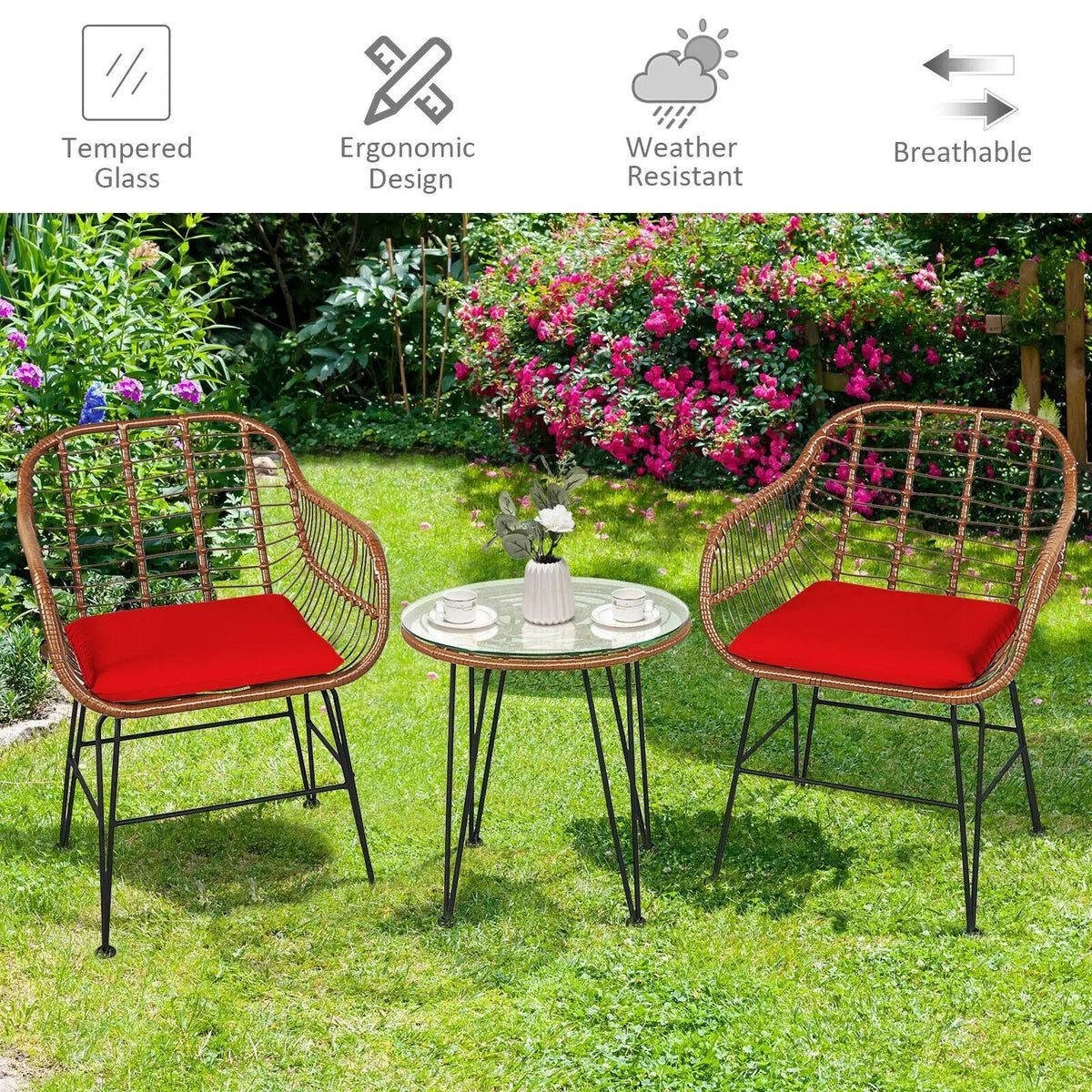 3-Piece Rattan Bistro Set with Cushions and Glass Table by DirectDeals